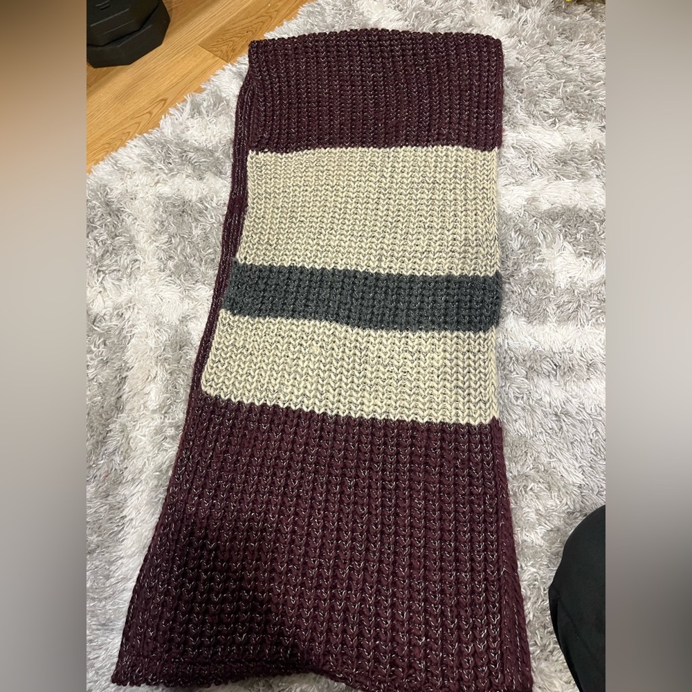 Striped ROOTS Knit Scarf in Burgundy and Gray